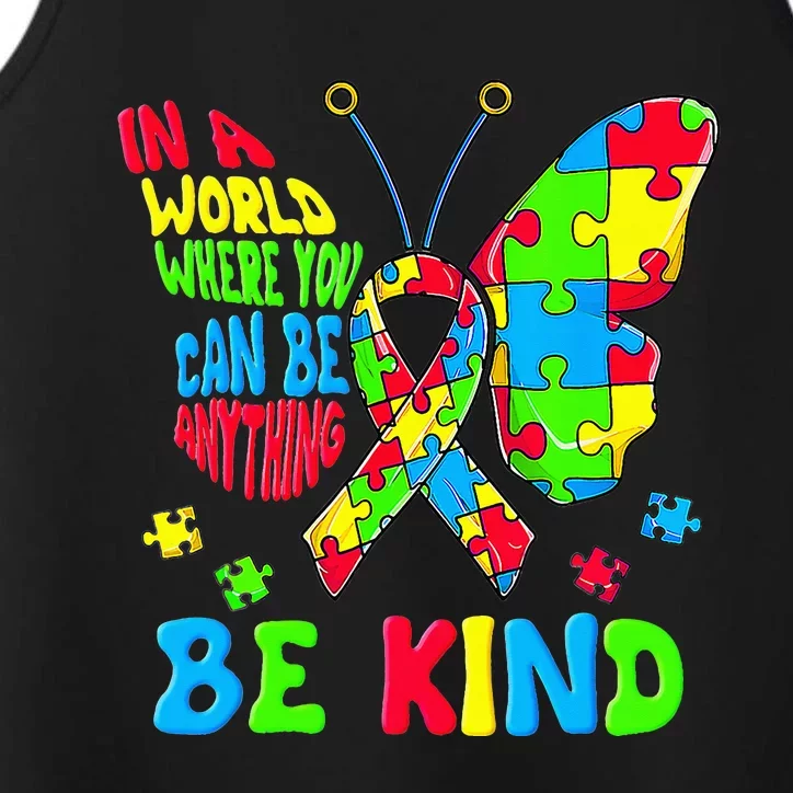 Be Kind Autism Awareness Puzzle Ribbon Butterfly Performance Tank