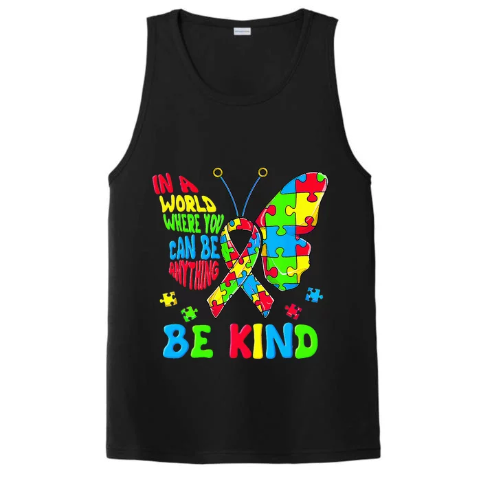 Be Kind Autism Awareness Puzzle Ribbon Butterfly Performance Tank