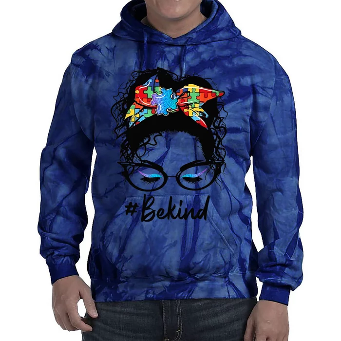 Be Kind Autism Awareness Messy Bun Girl Woman Tie Dye Hoodie