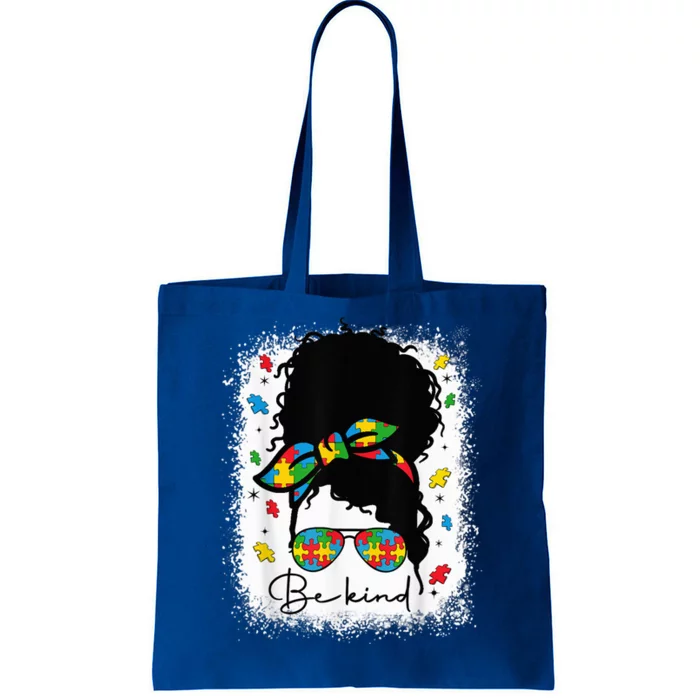 Be Kind Autism Awareness Messy Bun Afro Autistic Girl Woman Tote Bag