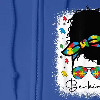 Be Kind Autism Awareness Messy Bun Afro Autistic Girl Woman Full Zip Hoodie