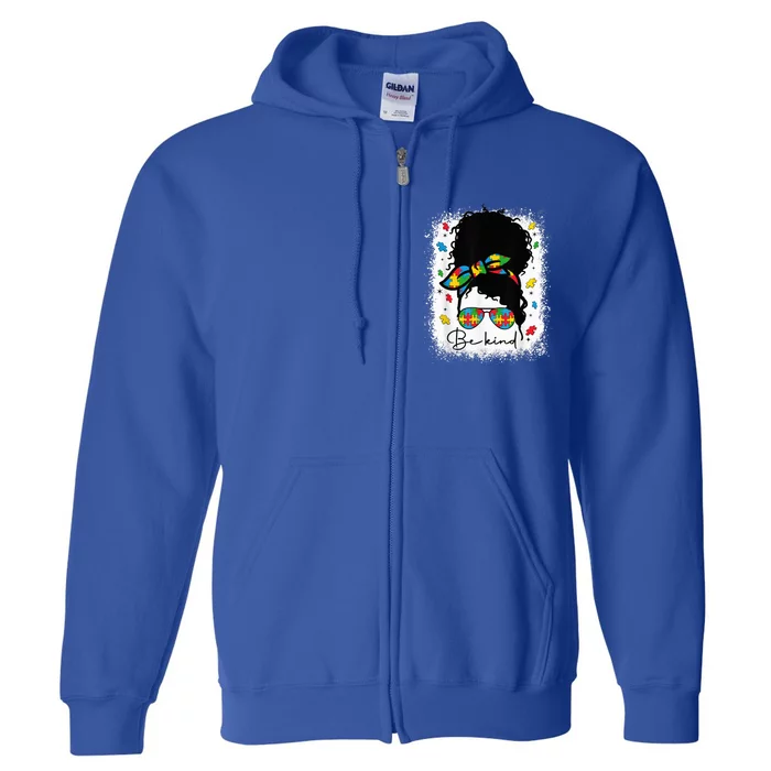 Be Kind Autism Awareness Messy Bun Afro Autistic Girl Woman Full Zip Hoodie