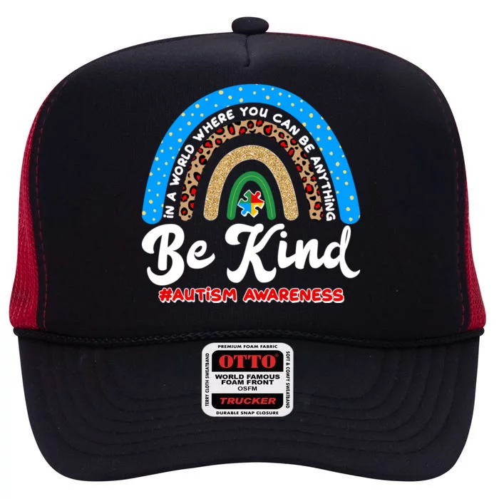 Be Kind Autism Awareness Pattern Rainbow High Crown Mesh Trucker Hat