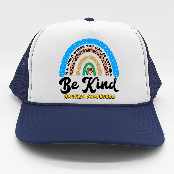 Be Kind Autism Awareness Pattern Rainbow Trucker Hat