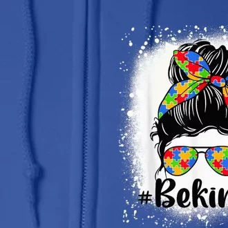 Be Kind Autism Awareness Messy Bun Mom Girl Tees Full Zip Hoodie