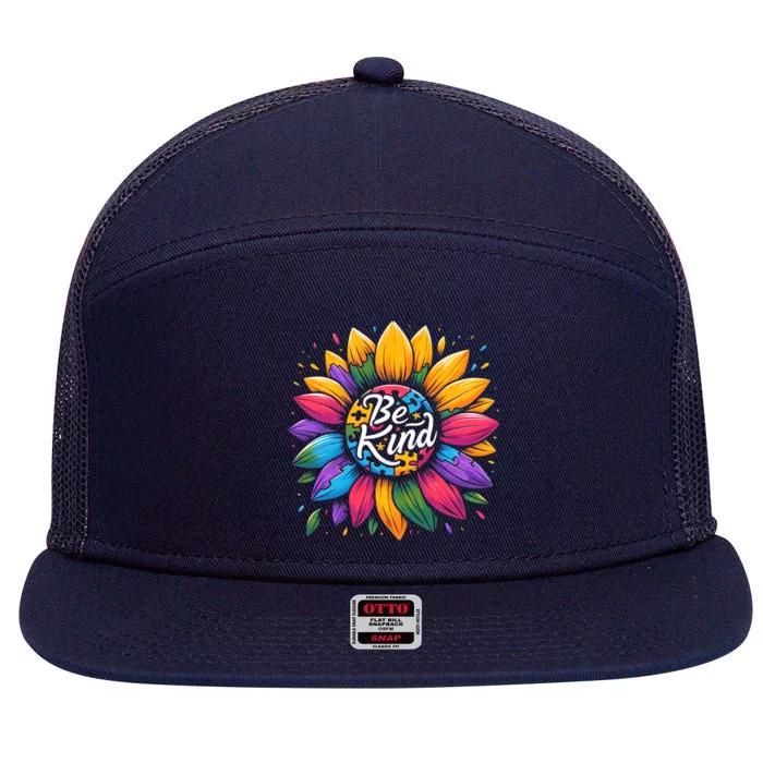 Be Kind Autism Awareness Gift Sunflower Meaningful Gift 7 Panel Mesh Trucker Snapback Hat