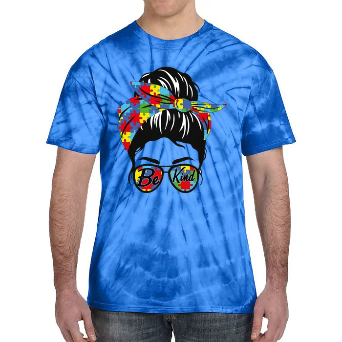 Be Kind Autism Awareness Messy Bun Gift Tie-Dye T-Shirt