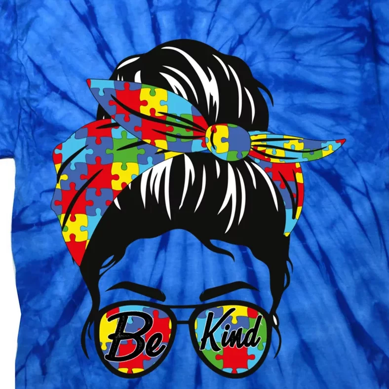 Be Kind Autism Awareness Messy Bun Gift Tie-Dye T-Shirt