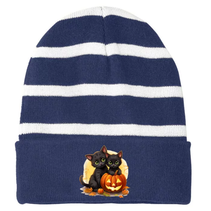 Black Kitten Cats Pumpkin Halloween Jack O Lantern Cute Striped Beanie with Solid Band