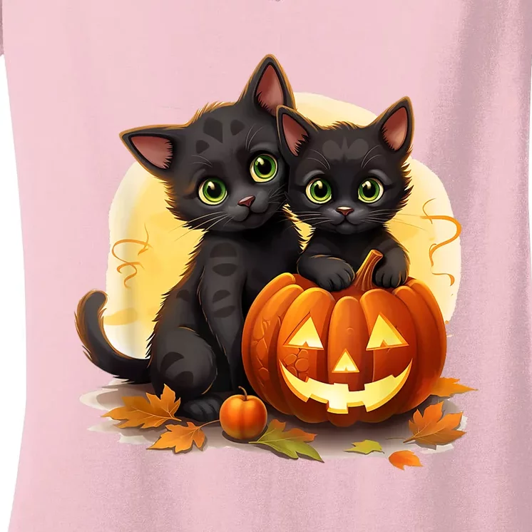 Black Kitten Cats Pumpkin Halloween Jack O Lantern Cute Women's V-Neck T-Shirt