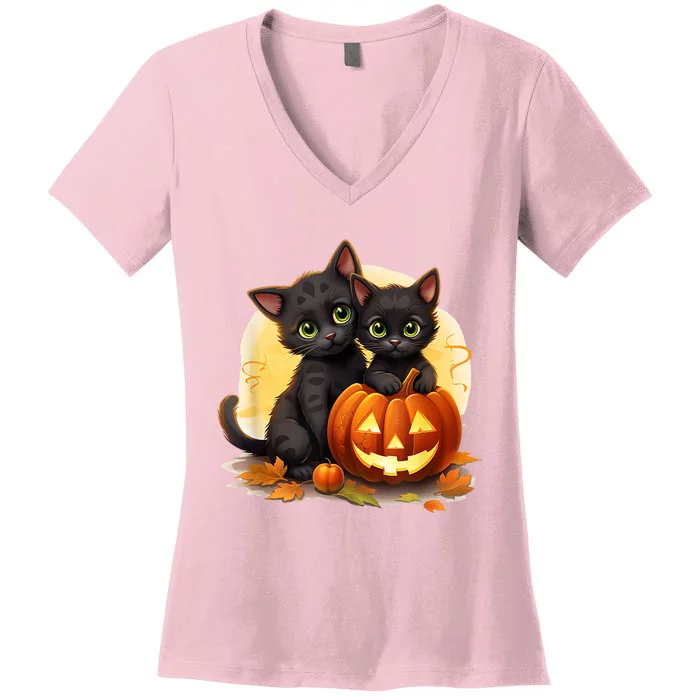 Black Kitten Cats Pumpkin Halloween Jack O Lantern Cute Women's V-Neck T-Shirt