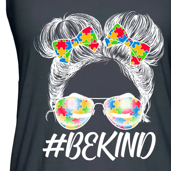 #Be Kind Cute Messy Bun Hair Autism Awareness Ladies Essential Flowy Tank