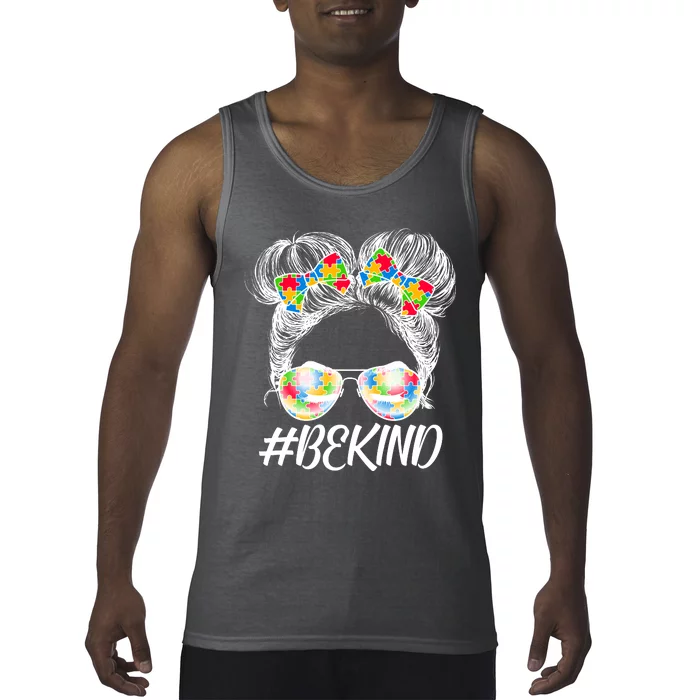 #Be Kind Cute Messy Bun Hair Autism Awareness Tank Top