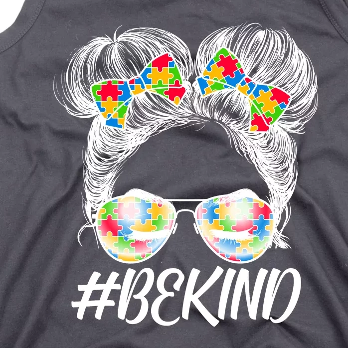 #Be Kind Cute Messy Bun Hair Autism Awareness Tank Top