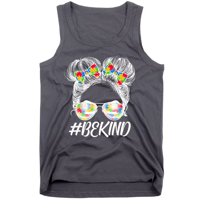 #Be Kind Cute Messy Bun Hair Autism Awareness Tank Top