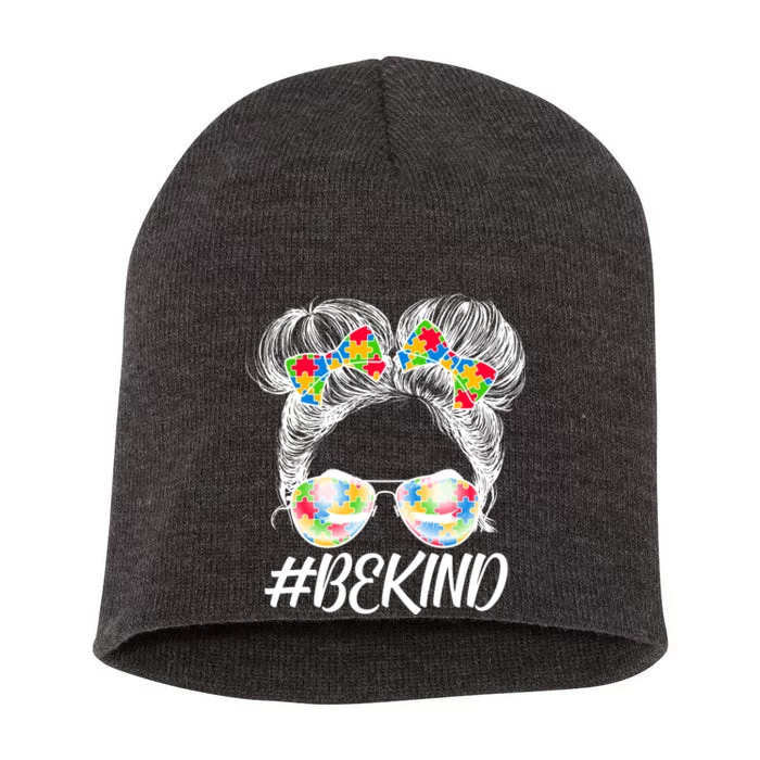 #Be Kind Cute Messy Bun Hair Autism Awareness Short Acrylic Beanie