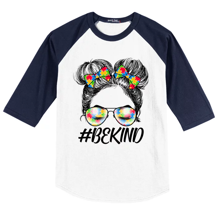 #Be Kind Cute Messy Bun Hair Autism Awareness Baseball Sleeve Shirt