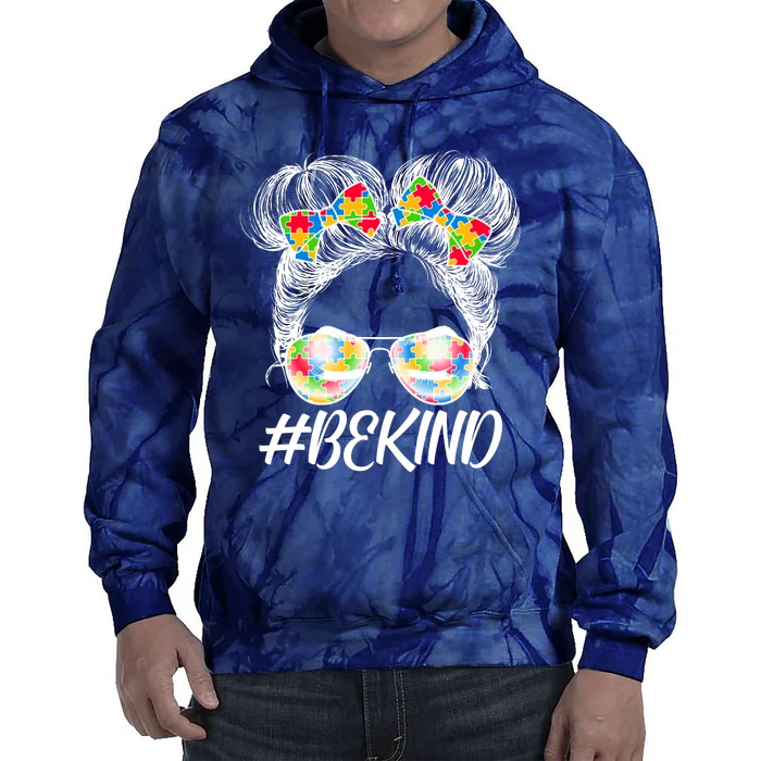 #Be Kind Cute Messy Bun Hair Autism Awareness Tie Dye Hoodie