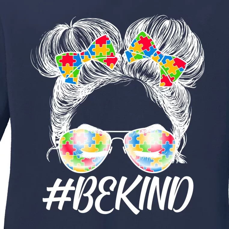 #Be Kind Cute Messy Bun Hair Autism Awareness Ladies Long Sleeve Shirt