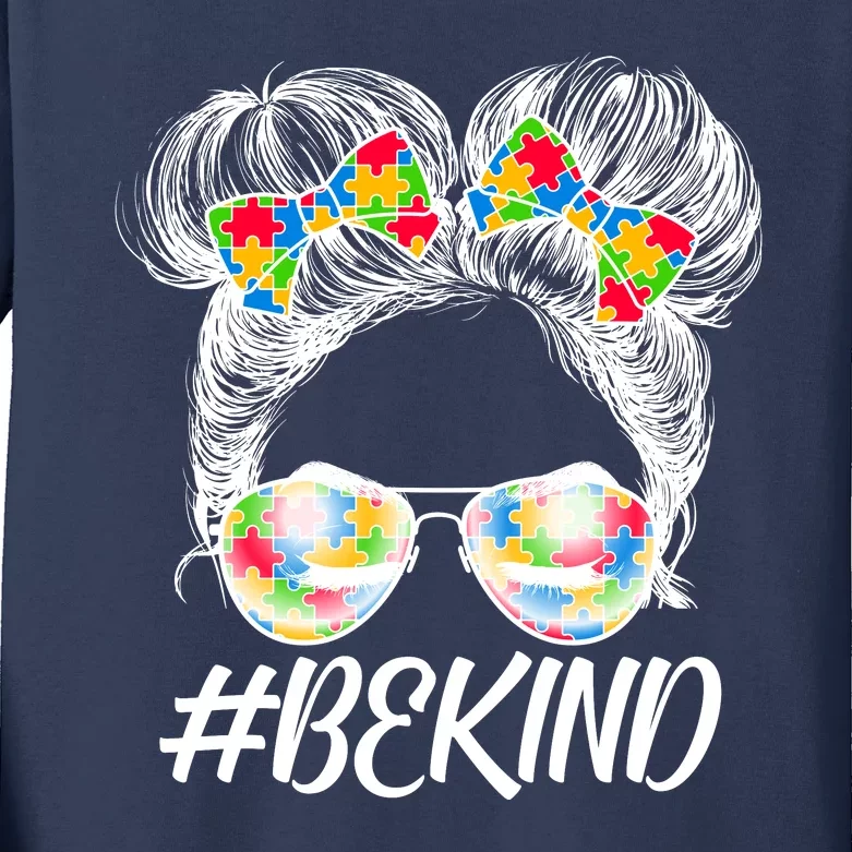 #Be Kind Cute Messy Bun Hair Autism Awareness Kids Long Sleeve Shirt