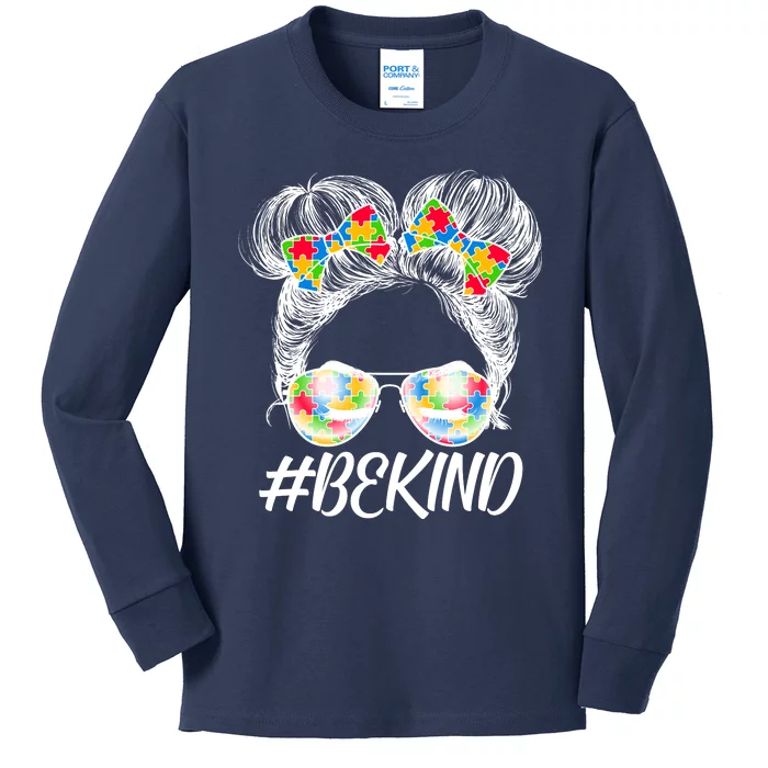 #Be Kind Cute Messy Bun Hair Autism Awareness Kids Long Sleeve Shirt