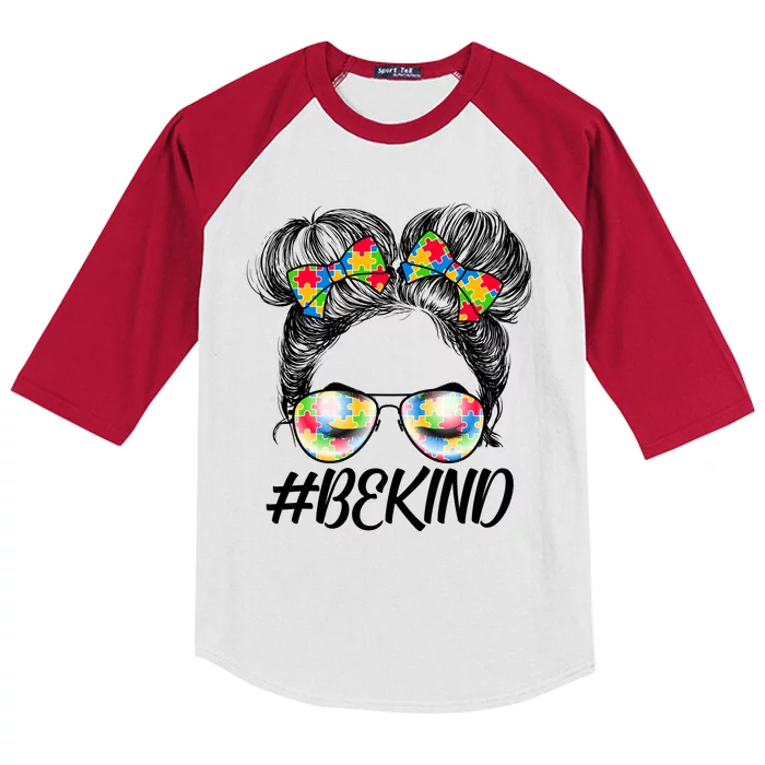 #Be Kind Cute Messy Bun Hair Autism Awareness Kids Colorblock Raglan Jersey