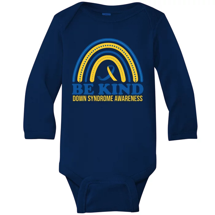 Be Kind Down Syndrome Awareness Rainbow Ribbon Baby Long Sleeve Bodysuit