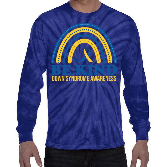 Be Kind Down Syndrome Awareness Rainbow Ribbon Tie-Dye Long Sleeve Shirt