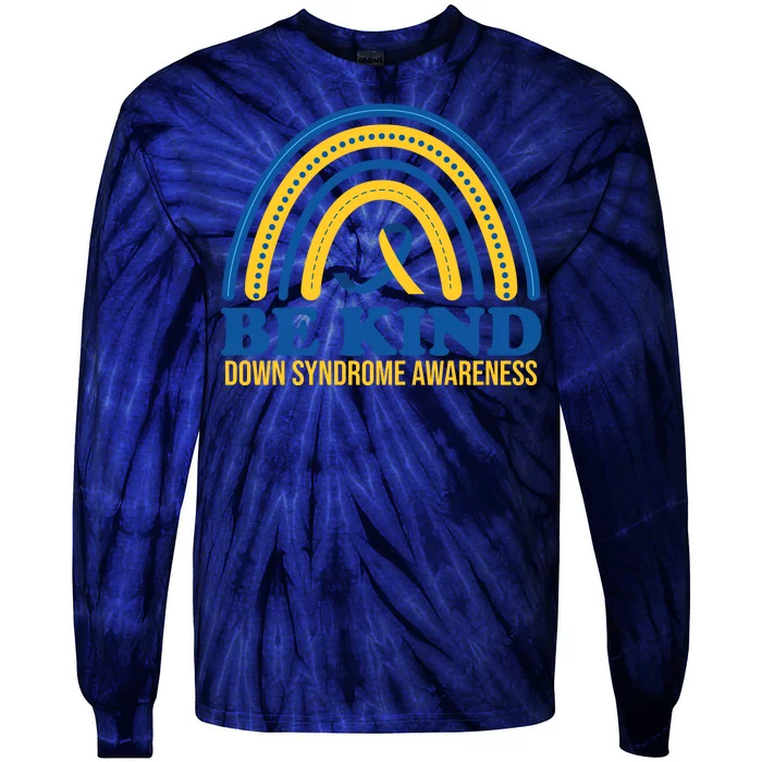 Be Kind Down Syndrome Awareness Rainbow Ribbon Tie-Dye Long Sleeve Shirt