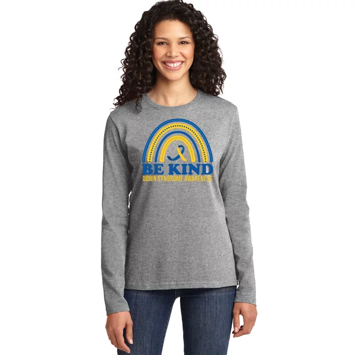 Be Kind Down Syndrome Awareness Rainbow Ribbon Ladies Long Sleeve Shirt