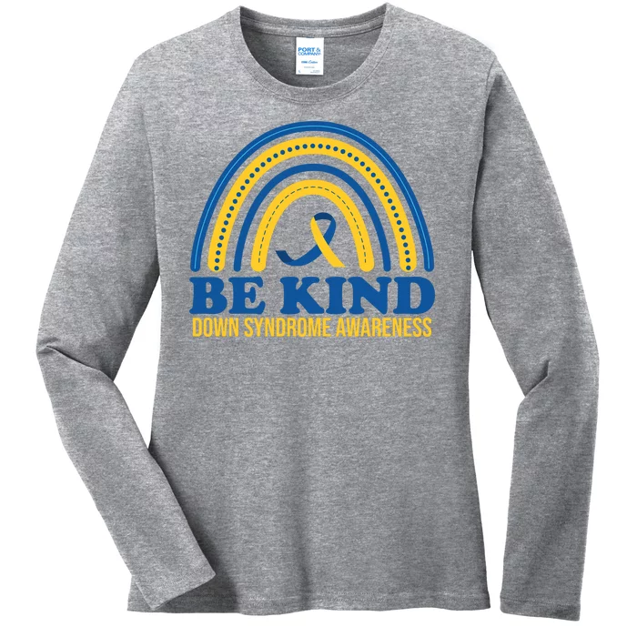 Be Kind Down Syndrome Awareness Rainbow Ribbon Ladies Long Sleeve Shirt