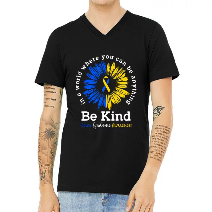 Be Kind Down Syndrome Awareness Ribbon Sunflower Kindness Gift V-Neck T-Shirt