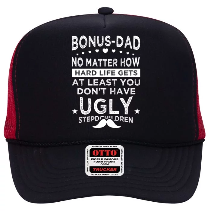 Bonusdad Knows Everything And If He Bonus Father Stepdad Funny Gift High Crown Mesh Trucker Hat