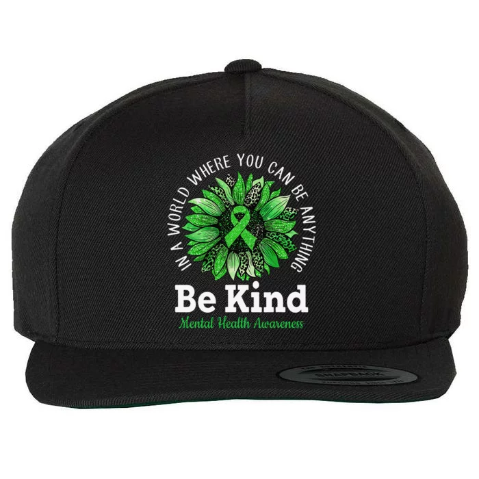 Be Kind Green Ribbon Sunflower Mental Health Awareness Wool Snapback Cap