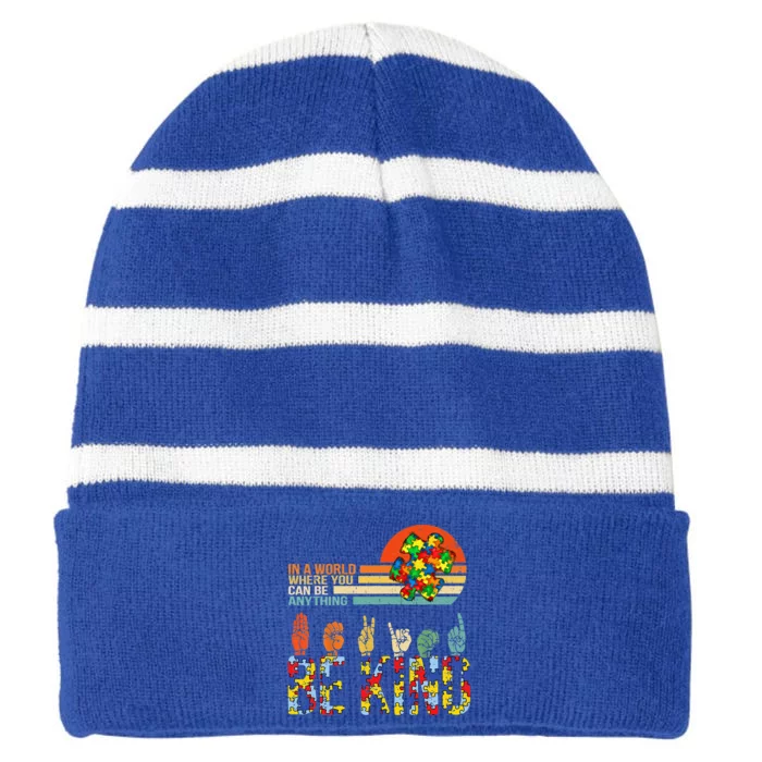 Be Kind Hand Sign Language ASL Puzzle Autism Striped Beanie with Solid Band