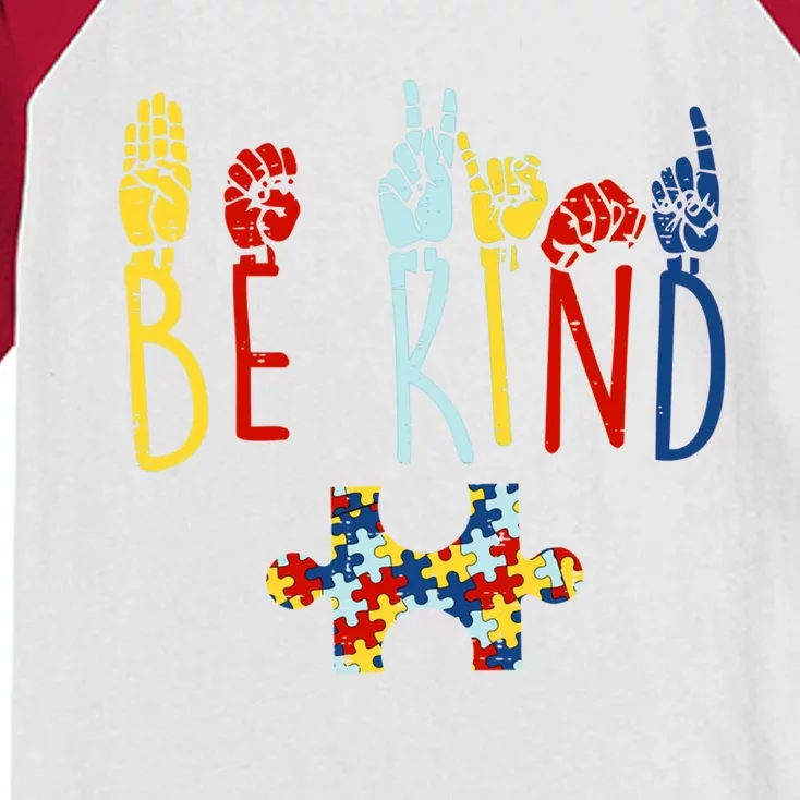 Be Kind Hand Sign Language Puzzle Autism Awareness Asl Mom Gift Kids Colorblock Raglan Jersey