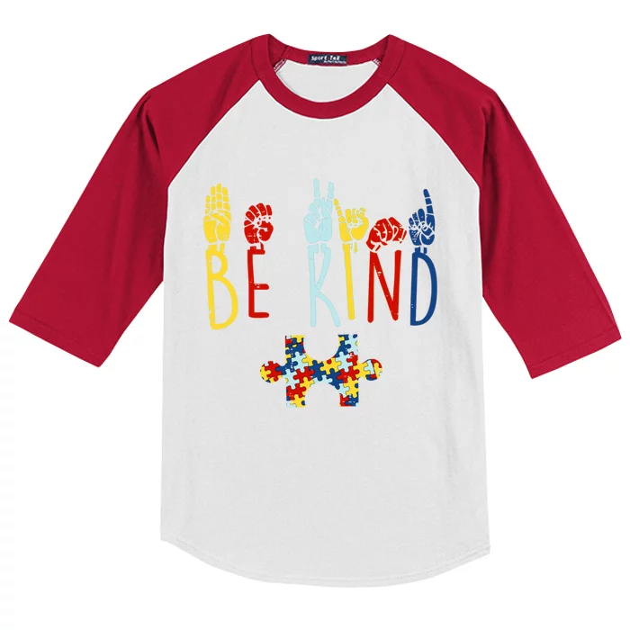 Be Kind Hand Sign Language Puzzle Autism Awareness Asl Mom Gift Kids Colorblock Raglan Jersey