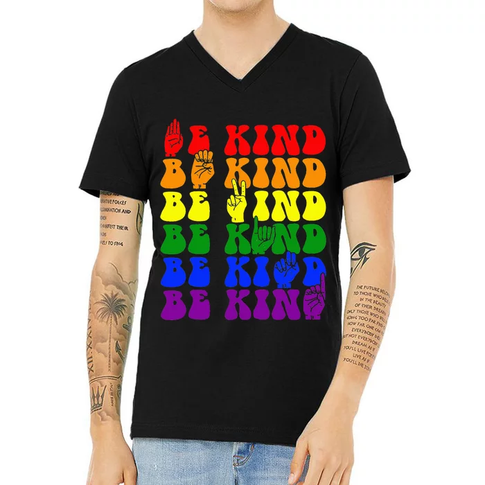 Be Kind LGBT Sign Language Hand Talking LGBT Gay Les Pride V-Neck T-Shirt