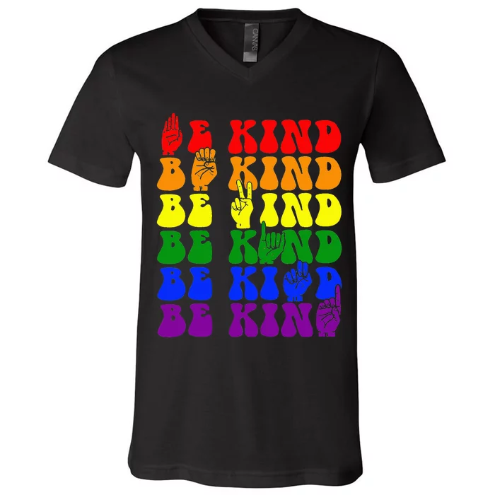 Be Kind LGBT Sign Language Hand Talking LGBT Gay Les Pride V-Neck T-Shirt