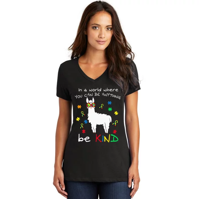 Be Kind Llama Puzzle Piece Cool Autism Awareness Gift Women's V-Neck T-Shirt