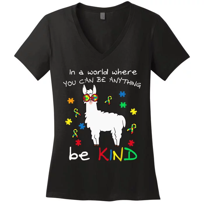 Be Kind Llama Puzzle Piece Cool Autism Awareness Gift Women's V-Neck T-Shirt