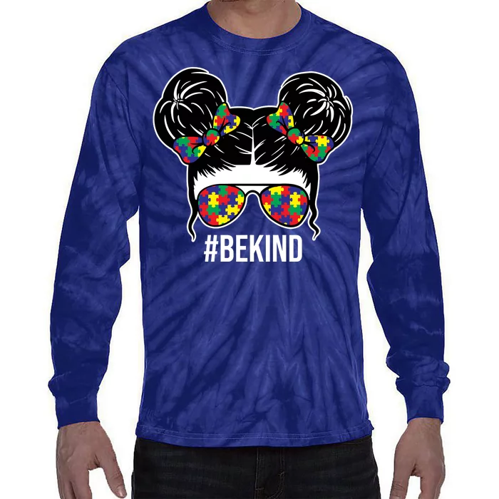 Be Kind Messy Bun Autism Awareness Tie-Dye Long Sleeve Shirt