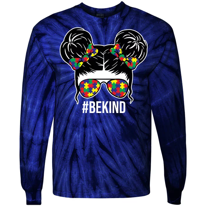 Be Kind Messy Bun Autism Awareness Tie-Dye Long Sleeve Shirt