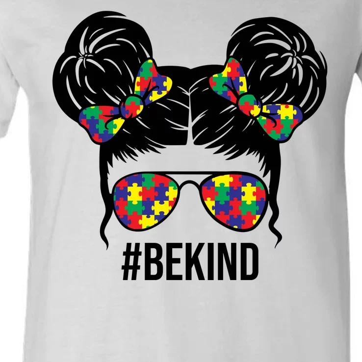 Be Kind Messy Bun Autism Awareness V-Neck T-Shirt