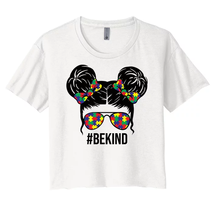 Be Kind Messy Bun Autism Awareness Women's Crop Top Tee