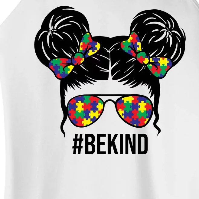 Be Kind Messy Bun Autism Awareness Women’s Perfect Tri Rocker Tank