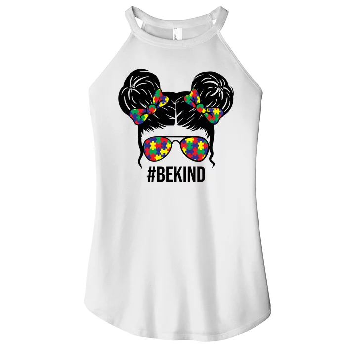 Be Kind Messy Bun Autism Awareness Women’s Perfect Tri Rocker Tank