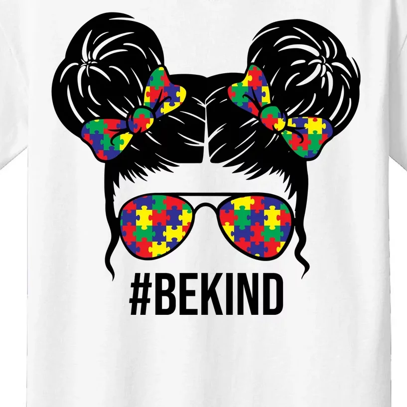 Be Kind Messy Bun Autism Awareness Kids T-Shirt