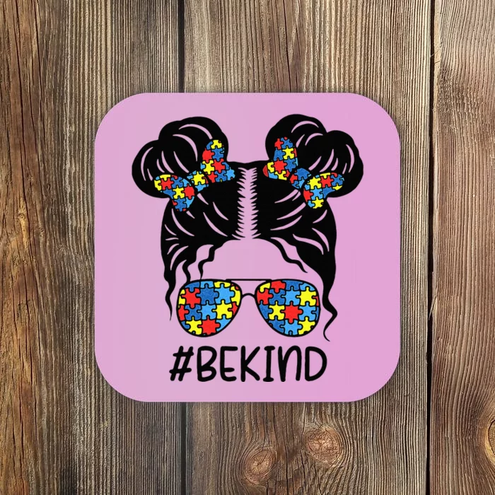 Be Kind Messy Bun Girls Kids Autism Awareness Kindness Month Coaster