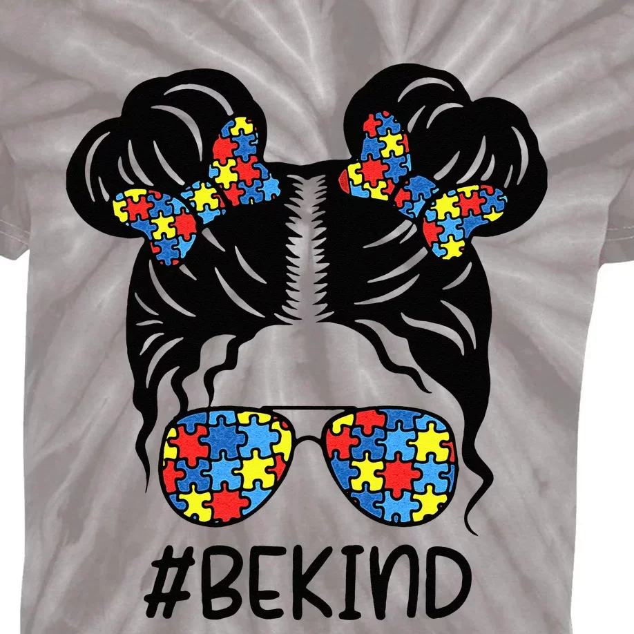 Be Kind Messy Bun Girls Kids Autism Awareness Kindness Month Kids Tie-Dye T-Shirt